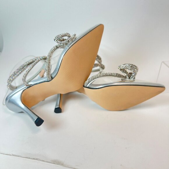 Silver Rhinestone Pointed Toe  Heels High Strappy  Bow Sandals Women Size 5.5 - Picture 8 of 9